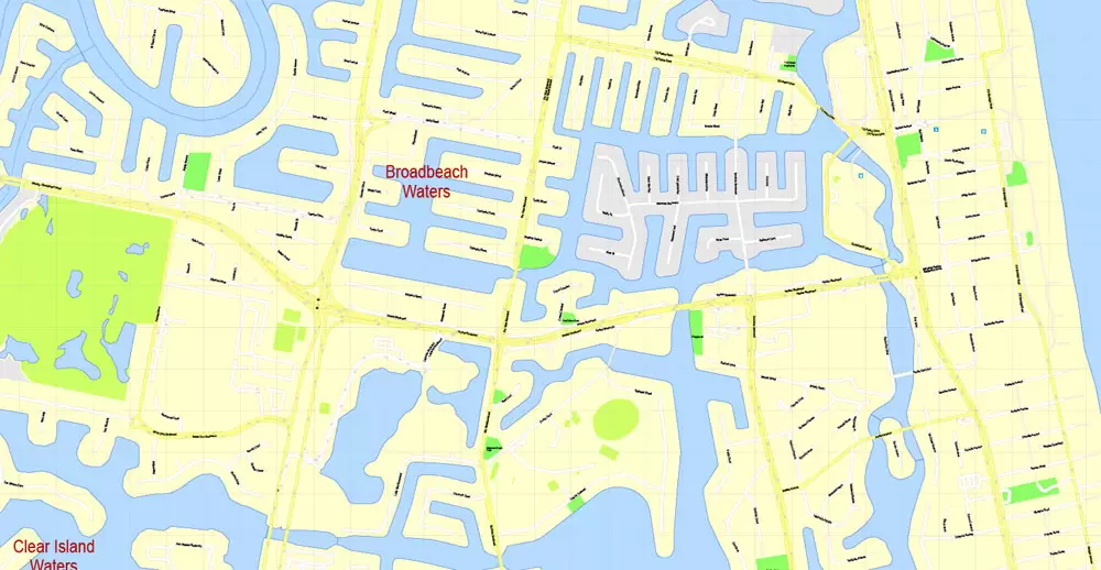 Printable Map Gold Coast, Australia, exact vector street map, V17.11, fully editable, Adobe Illustrator, G-View Level 17 (100 meters scale), full vector, scalable, editable, text format of street names, 6 Mb ZIP.