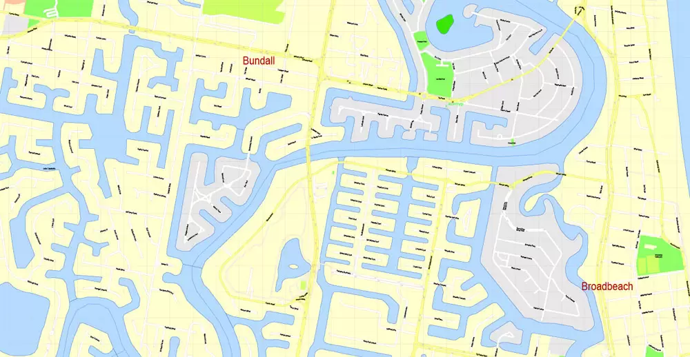 Printable Map Gold Coast, Australia, exact vector street map, V17.11, fully editable, Adobe Illustrator, G-View Level 17 (100 meters scale), full vector, scalable, editable, text format of street names, 6 Mb ZIP.