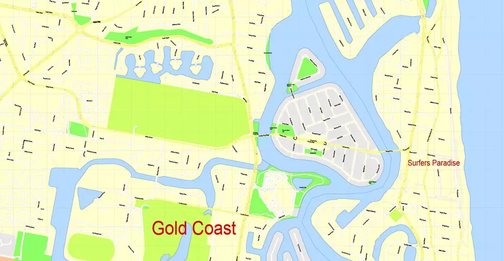 Printable Map Gold Coast, Australia, exact vector street map, V17.11, fully editable, Adobe Illustrator, G-View Level 17 (100 meters scale), full vector, scalable, editable, text format of street names, 6 Mb ZIP.