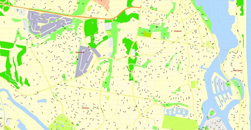 Printable Map Gold Coast, Australia, exact vector street map, V17.11, fully editable, Adobe Illustrator, G-View Level 17 (100 meters scale), full vector, scalable, editable, text format of street names, 6 Mb ZIP.