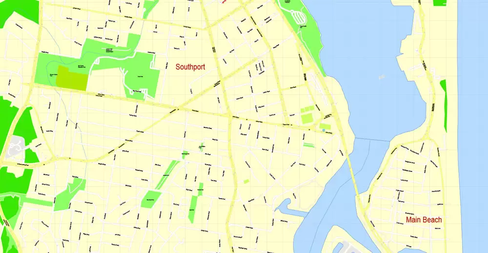 Printable Map Gold Coast, Australia, exact vector street map, V17.11, fully editable, Adobe Illustrator, G-View Level 17 (100 meters scale), full vector, scalable, editable, text format of street names, 6 Mb ZIP.