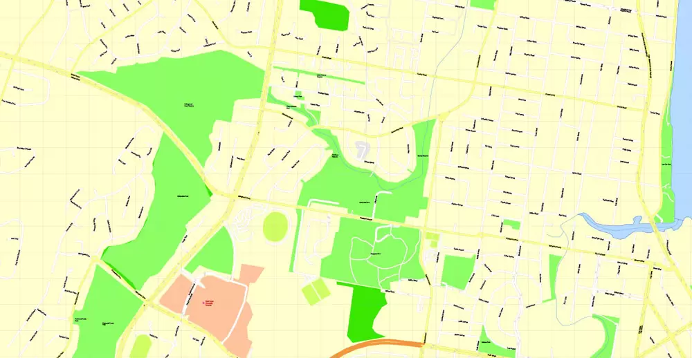Printable Map Gold Coast, Australia, exact vector street map, V17.11, fully editable, Adobe Illustrator, G-View Level 17 (100 meters scale), full vector, scalable, editable, text format of street names, 6 Mb ZIP.