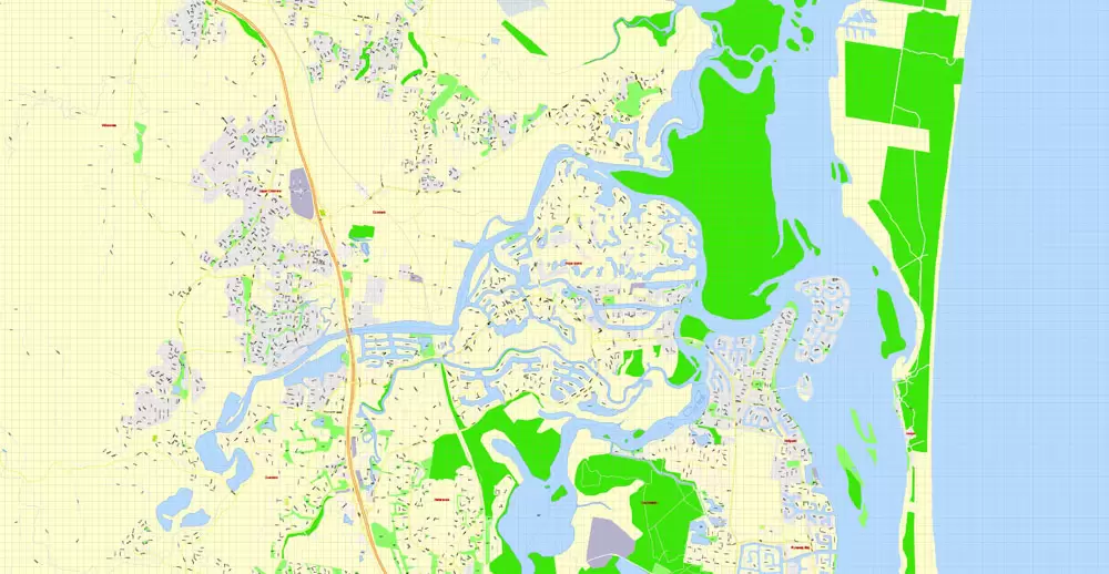 Printable Map Gold Coast, Australia, exact vector street map, V17.11, fully editable, Adobe Illustrator, G-View Level 17 (100 meters scale), full vector, scalable, editable, text format of street names, 6 Mb ZIP.