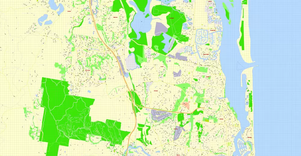Printable Map Gold Coast, Australia, exact vector street map, V17.11, fully editable, Adobe Illustrator, G-View Level 17 (100 meters scale), full vector, scalable, editable, text format of street names, 6 Mb ZIP.
