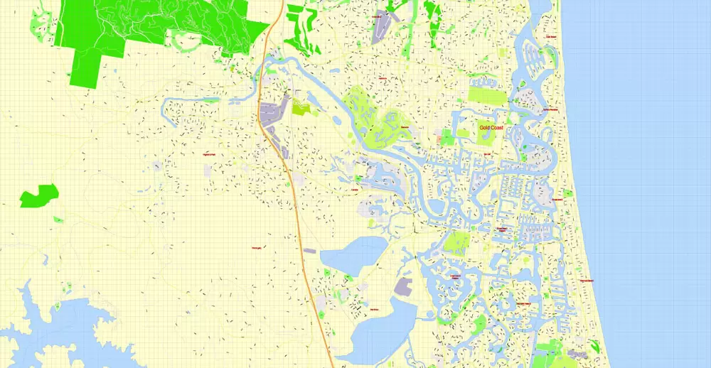 Printable Map Gold Coast, Australia, exact vector street map, V17.11, fully editable, Adobe Illustrator, G-View Level 17 (100 meters scale), full vector, scalable, editable, text format of street names, 6 Mb ZIP.