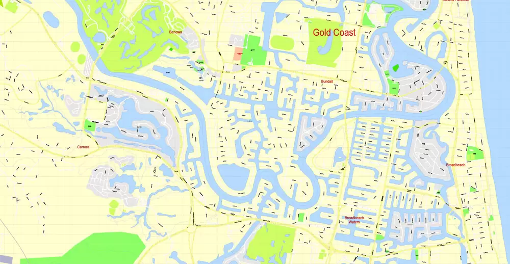 Printable Map Gold Coast, Australia, exact vector street map, V17.11, fully editable, Adobe Illustrator, G-View Level 17 (100 meters scale), full vector, scalable, editable, text format of street names, 6 Mb ZIP.