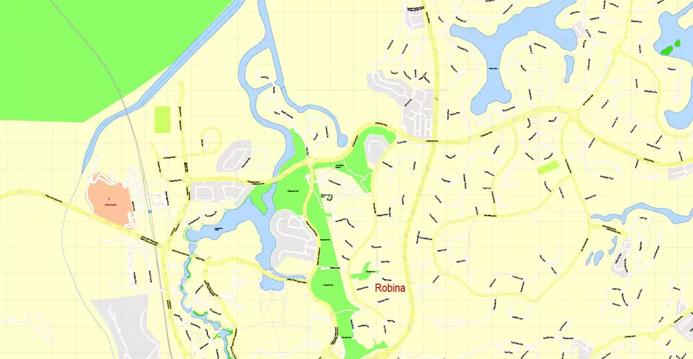 Printable Map Gold Coast, Australia, exact vector street map, V17.11, fully editable, Adobe Illustrator, G-View Level 17 (100 meters scale), full vector, scalable, editable, text format of street names, 6 Mb ZIP.
