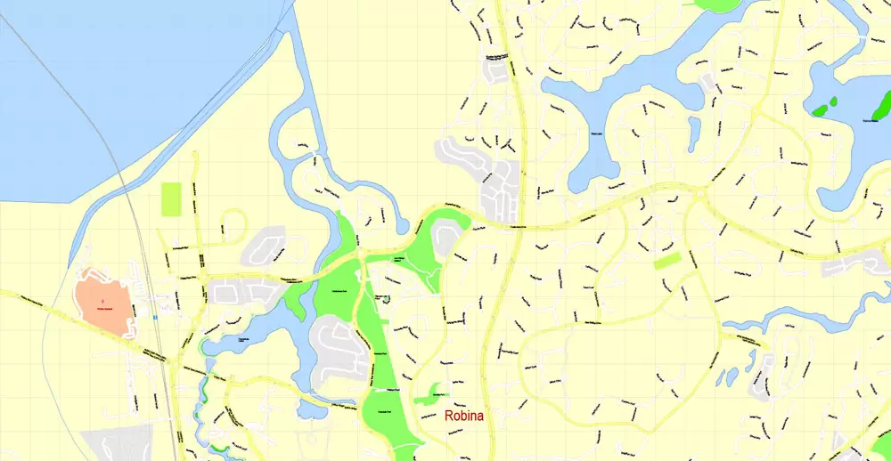 Printable Map Gold Coast, Australia, exact vector street map, V17.11, fully editable, Adobe Illustrator, G-View Level 17 (100 meters scale), full vector, scalable, editable, text format of street names, 6 Mb ZIP.