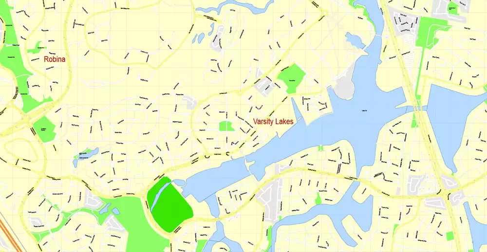 Printable Map Gold Coast, Australia, exact vector street map, V17.11, fully editable, Adobe Illustrator, G-View Level 17 (100 meters scale), full vector, scalable, editable, text format of street names, 6 Mb ZIP.