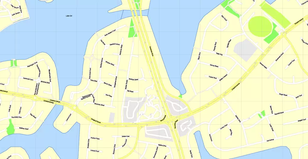 Printable Map Gold Coast, Australia, exact vector street map, V17.11, fully editable, Adobe Illustrator, G-View Level 17 (100 meters scale), full vector, scalable, editable, text format of street names, 6 Mb ZIP.