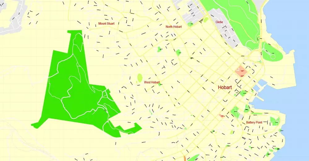 Printable Map Hobart, Tasmania, Australia, exact vector street map, V29.11, fully editable, Adobe Illustrator, G-View Level 17 (100 meters scale), full vector, scalable, editable, text format of street names, 4 Mb ZIP.