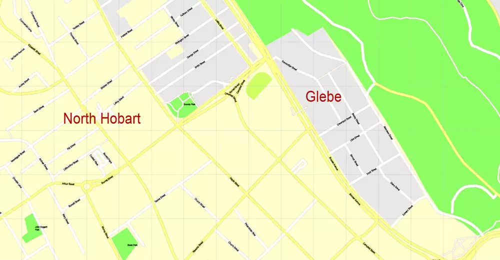 Printable Map Hobart, Tasmania, Australia, exact vector street map, V29.11, fully editable, Adobe Illustrator, G-View Level 17 (100 meters scale), full vector, scalable, editable, text format of street names, 4 Mb ZIP.
