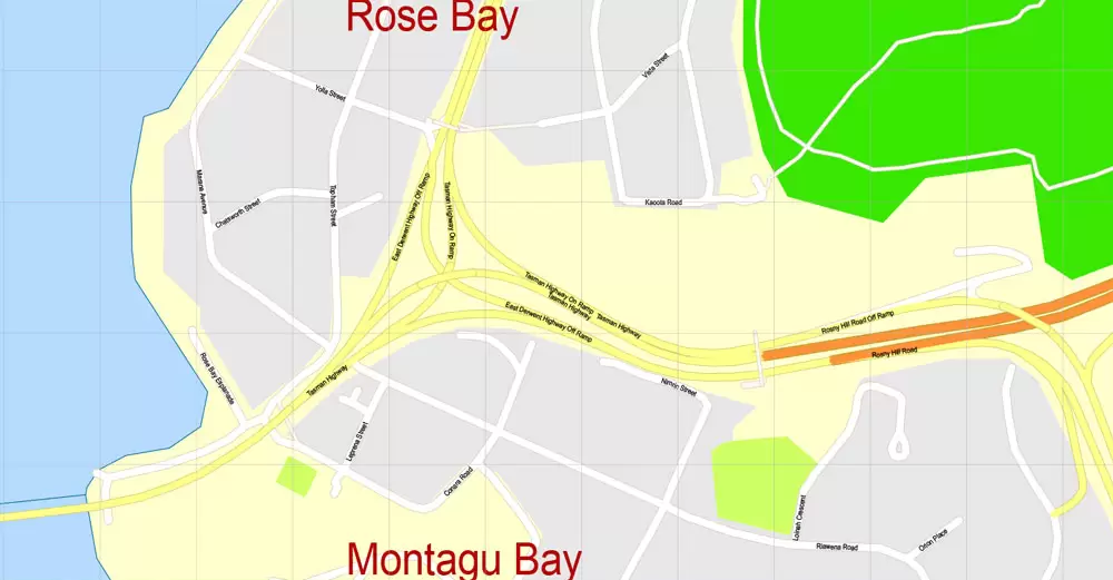Printable Map Hobart, Tasmania, Australia, exact vector street map, V29.11, fully editable, Adobe Illustrator, G-View Level 17 (100 meters scale), full vector, scalable, editable, text format of street names, 4 Mb ZIP.