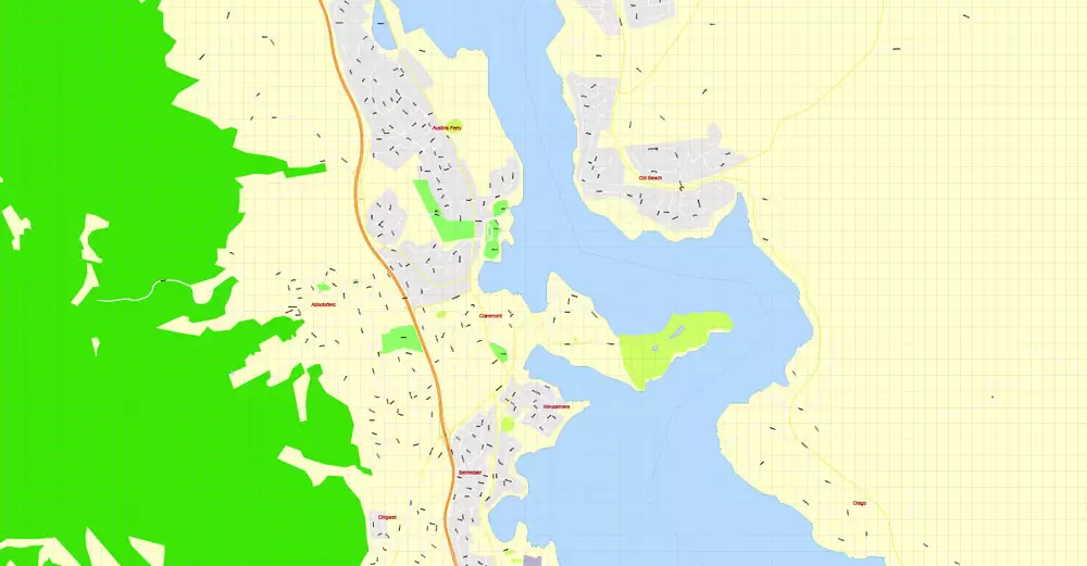 Printable Map Hobart, Tasmania, Australia, exact vector street map, V29.11, fully editable, Adobe Illustrator, G-View Level 17 (100 meters scale), full vector, scalable, editable, text format of street names, 4 Mb ZIP.