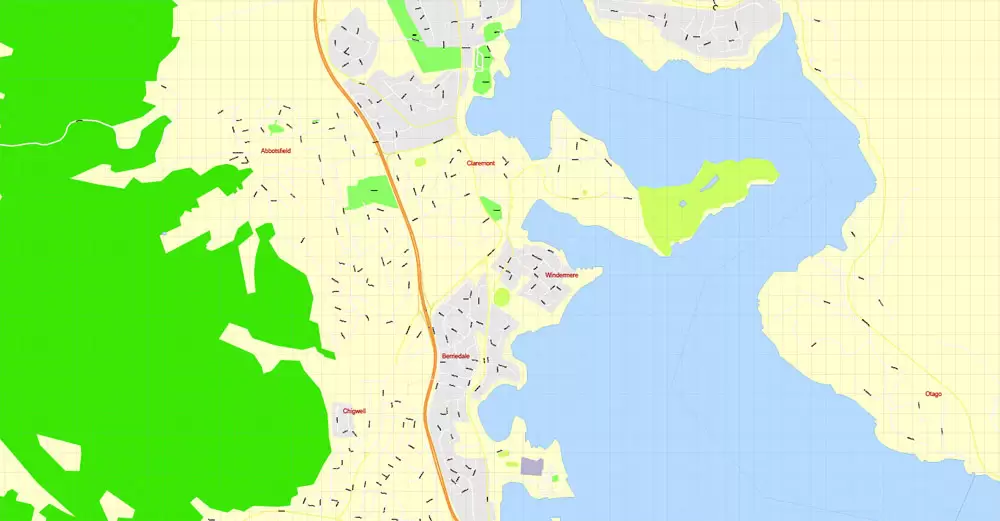 Printable Map Hobart, Tasmania, Australia, exact vector street map, V29.11, fully editable, Adobe Illustrator, G-View Level 17 (100 meters scale), full vector, scalable, editable, text format of street names, 4 Mb ZIP.