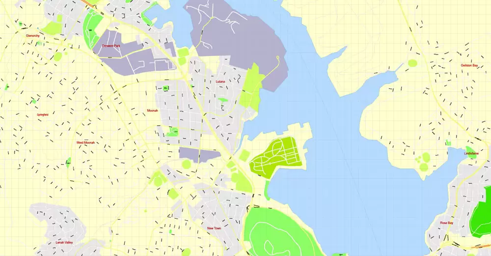 Printable Map Hobart, Tasmania, Australia, exact vector street map, V29.11, fully editable, Adobe Illustrator, G-View Level 17 (100 meters scale), full vector, scalable, editable, text format of street names, 4 Mb ZIP.
