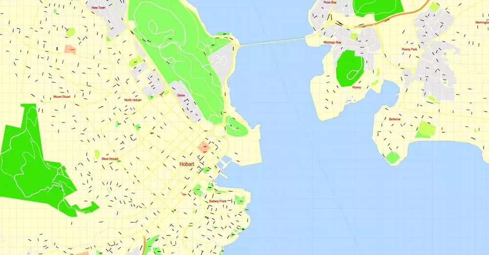 Hobart Printable Map, Tasmania, Australia, exact vector street map, V29.11, fully editable, Adobe Illustrator, G-View Level 17 (100 meters scale), full vector