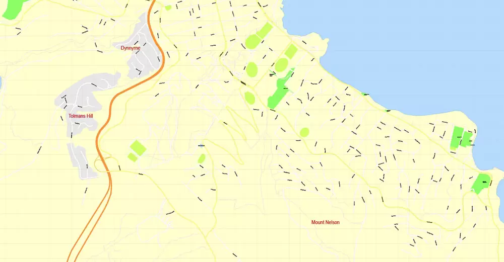 Printable Map Hobart, Tasmania, Australia, exact vector street map, V29.11, fully editable, Adobe Illustrator, G-View Level 17 (100 meters scale), full vector, scalable, editable, text format of street names, 4 Mb ZIP.