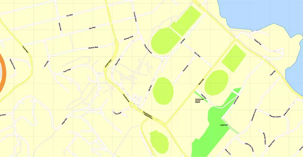 Printable Map Hobart, Tasmania, Australia, exact vector street map, V29.11, fully editable, Adobe Illustrator, G-View Level 17 (100 meters scale), full vector, scalable, editable, text format of street names, 4 Mb ZIP.