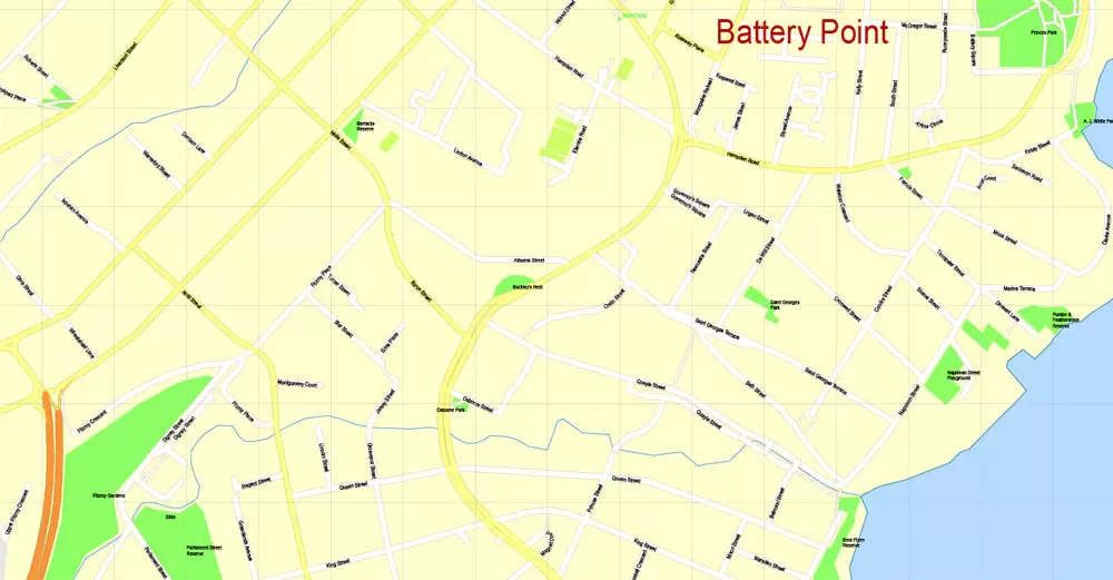 Printable Map Hobart, Tasmania, Australia, exact vector street map, V29.11, fully editable, Adobe Illustrator, G-View Level 17 (100 meters scale), full vector, scalable, editable, text format of street names, 4 Mb ZIP.