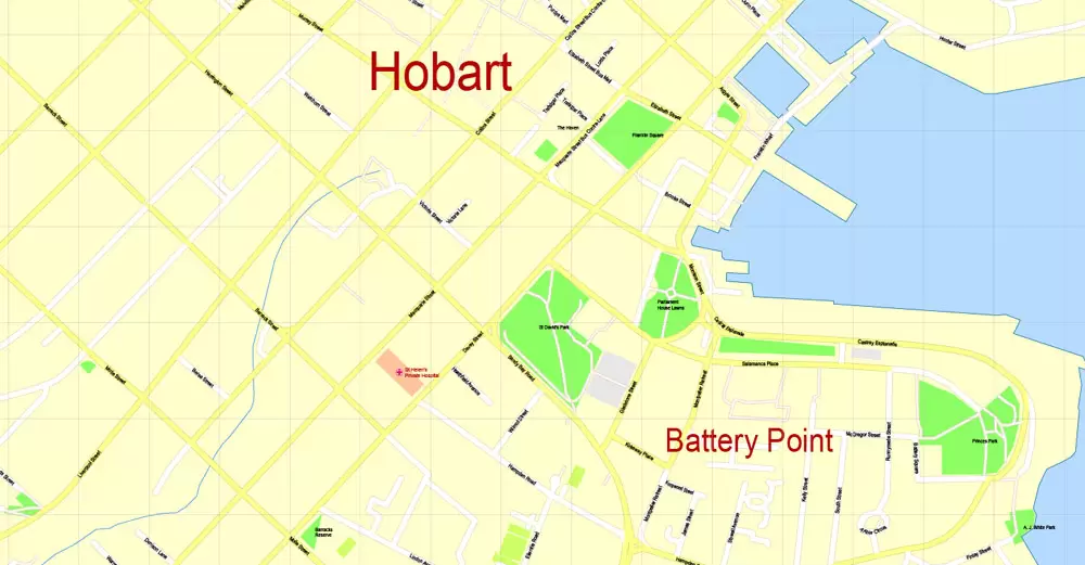 Printable Map Hobart, Tasmania, Australia, exact vector street map, V29.11, fully editable, Adobe Illustrator, G-View Level 17 (100 meters scale), full vector, scalable, editable, text format of street names, 4 Mb ZIP.