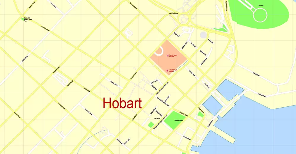 Printable Map Hobart, Tasmania, Australia, exact vector street map, V29.11, fully editable, Adobe Illustrator, G-View Level 17 (100 meters scale), full vector, scalable, editable, text format of street names, 4 Mb ZIP.