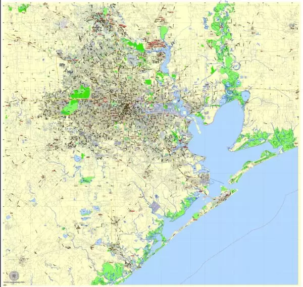 Printable Map Houston TX, exact vector street G-View Level 13 (2000 meters scale) map, fully editable, Adobe Illustrator, full vector, scalable, editable text format of street names, 19 Mb ZIP.