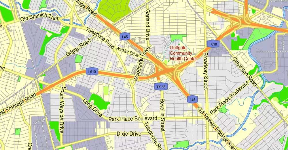 Printable Map Houston TX, exact vector street G-View Level 13 (2000 meters scale) map, fully editable, Adobe Illustrator, full vector, scalable, editable text format of street names, 19 Mb ZIP.