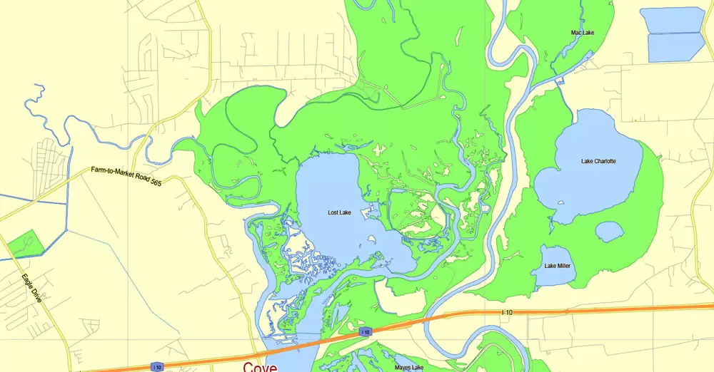 Printable Map Houston TX, exact vector street G-View Level 13 (2000 meters scale) map, fully editable, Adobe Illustrator, full vector, scalable, editable text format of street names, 19 Mb ZIP.