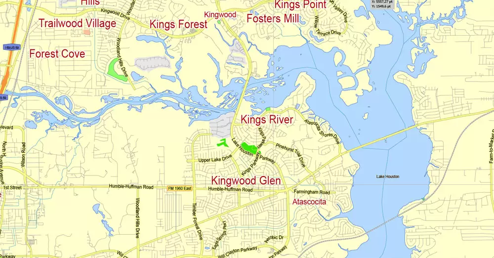 Printable Map Houston TX, exact vector street G-View Level 13 (2000 meters scale) map, fully editable, Adobe Illustrator, full vector, scalable, editable text format of street names, 19 Mb ZIP.