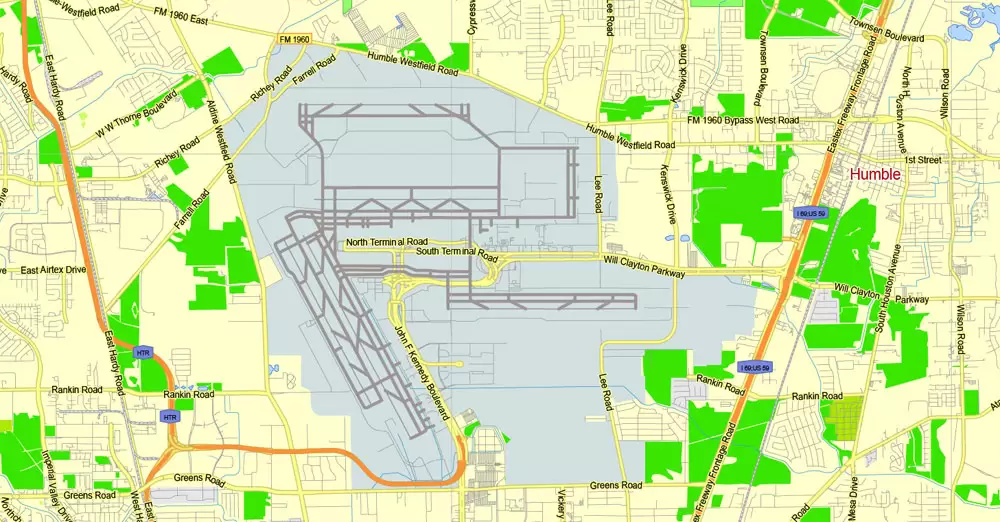 Printable Map Houston TX, exact vector street G-View Level 13 (2000 meters scale) map, fully editable, Adobe Illustrator, full vector, scalable, editable text format of street names, 19 Mb ZIP.