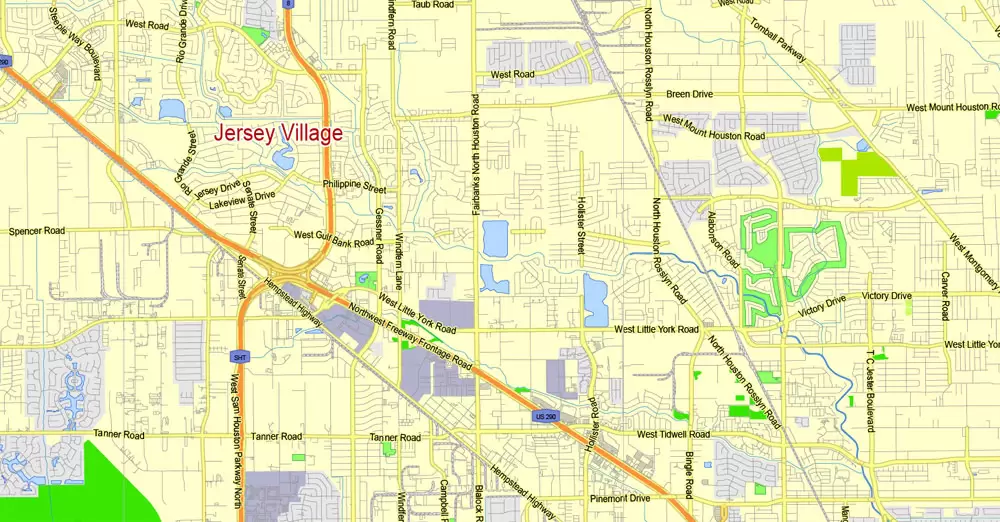 Printable Map Houston TX, exact vector street G-View Level 13 (2000 meters scale) map, fully editable, Adobe Illustrator, full vector, scalable, editable text format of street names, 19 Mb ZIP.