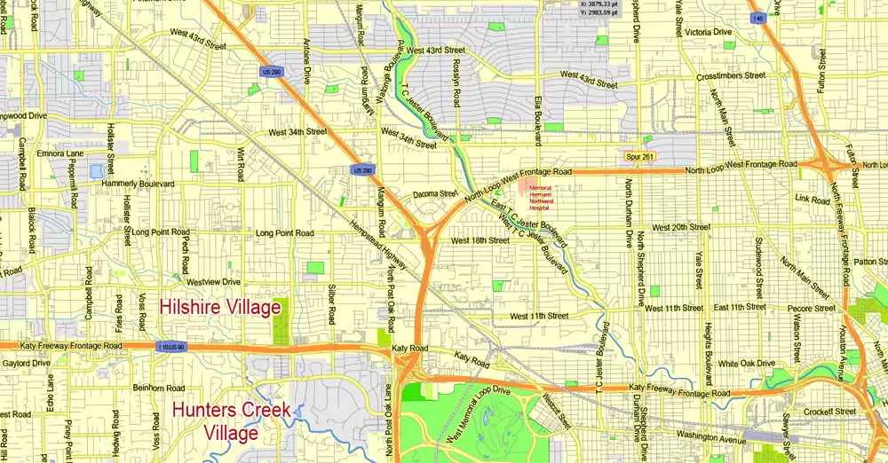 Printable Map Houston TX, exact vector street G-View Level 13 (2000 meters scale) map, fully editable, Adobe Illustrator, full vector, scalable, editable text format of street names, 19 Mb ZIP.