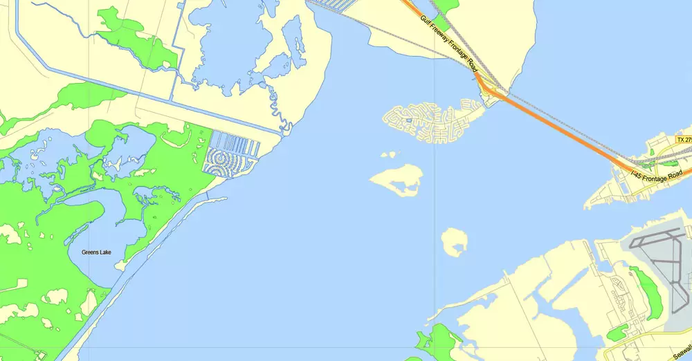 Printable Map Houston TX, exact vector street G-View Level 13 (2000 meters scale) map, fully editable, Adobe Illustrator, full vector, scalable, editable text format of street names, 19 Mb ZIP.