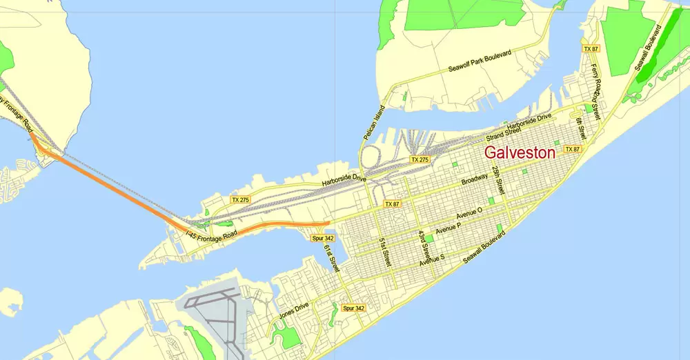 Printable Map Houston TX, exact vector street G-View Level 13 (2000 meters scale) map, fully editable, Adobe Illustrator, full vector, scalable, editable text format of street names, 19 Mb ZIP.