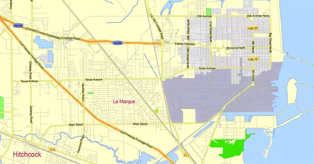 Printable Map Houston TX, exact vector street G-View Level 13 (2000 meters scale) map, fully editable, Adobe Illustrator, full vector, scalable, editable text format of street names, 19 Mb ZIP.