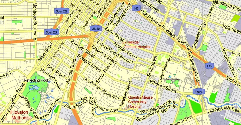 Printable Map Houston TX, exact vector street G-View Level 13 (2000 meters scale) map, fully editable, Adobe Illustrator, full vector, scalable, editable text format of street names, 19 Mb ZIP.