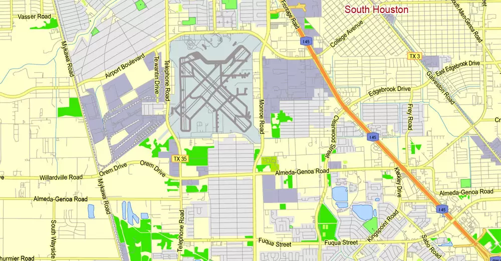Printable Map Houston TX, exact vector street G-View Level 13 (2000 meters scale) map, fully editable, Adobe Illustrator, full vector, scalable, editable text format of street names, 19 Mb ZIP.