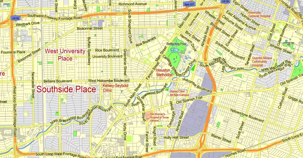 Printable Map Houston TX, exact vector street G-View Level 13 (2000 meters scale) map, fully editable, Adobe Illustrator, full vector, scalable, editable text format of street names, 19 Mb ZIP.
