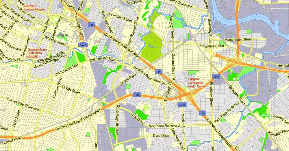 Printable Map Houston TX, exact vector street G-View Level 13 (2000 meters scale) map, fully editable, Adobe Illustrator, full vector, scalable, editable text format of street names, 19 Mb ZIP.