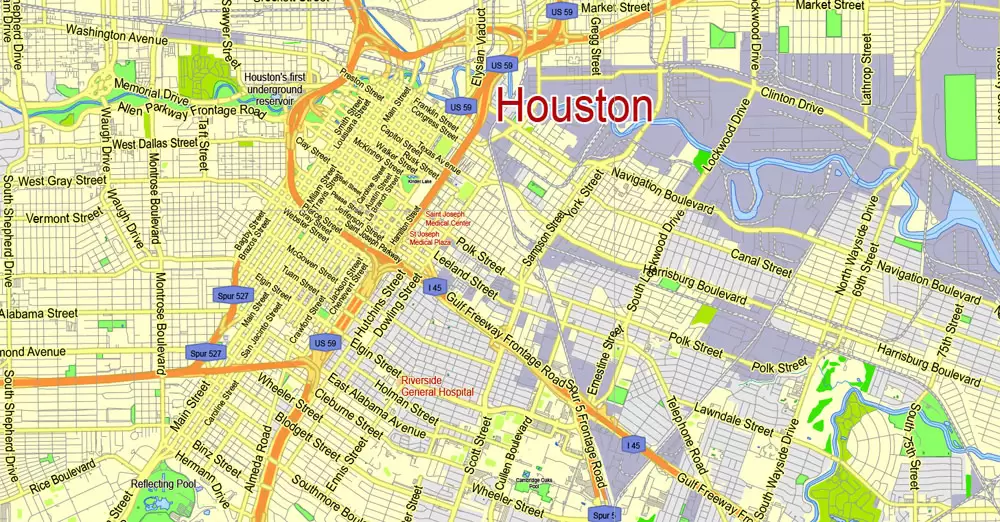 Printable Map Houston TX, exact vector street G-View Level 13 (2000 meters scale) map, fully editable, Adobe Illustrator, full vector, scalable, editable text format of street names, 19 Mb ZIP.