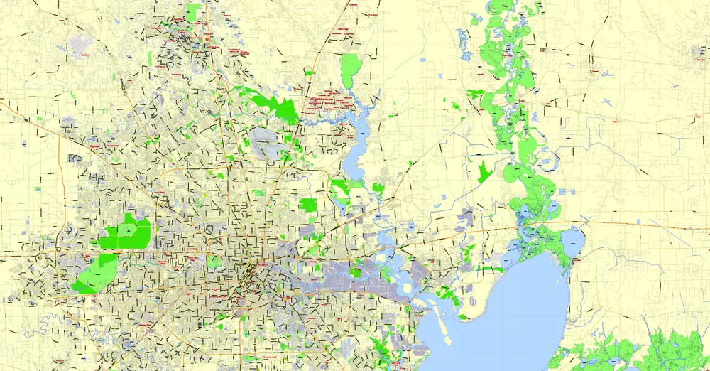 Printable Map Houston TX, exact vector street G-View Level 13 (2000 meters scale) map, fully editable, Adobe Illustrator, full vector, scalable, editable text format of street names, 19 Mb ZIP.
