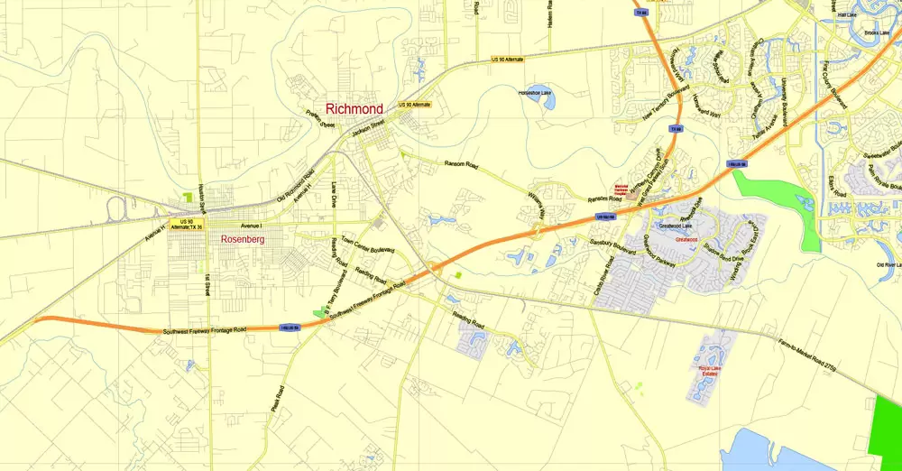 Printable Map Houston TX, exact vector street G-View Level 13 (2000 meters scale) map, fully editable, Adobe Illustrator, full vector, scalable, editable text format of street names, 19 Mb ZIP.