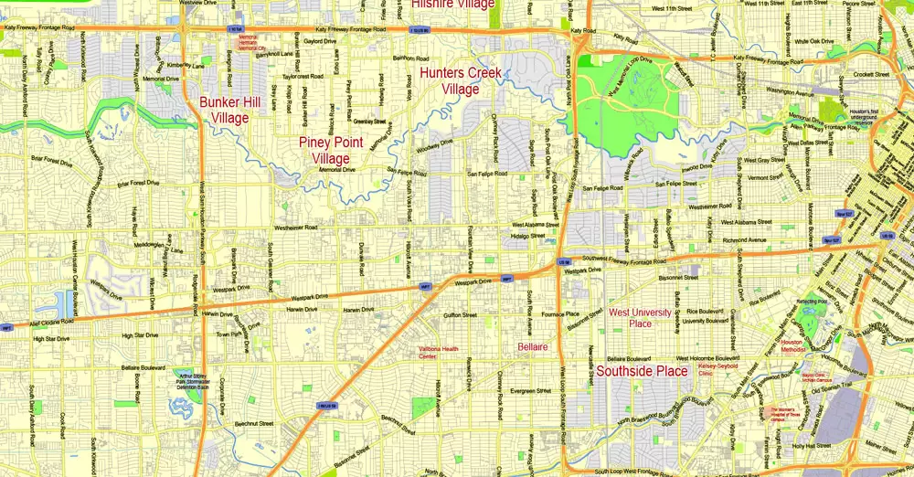 Printable Map Houston TX, exact vector street G-View Level 13 (2000 meters scale) map, fully editable, Adobe Illustrator, full vector, scalable, editable text format of street names, 19 Mb ZIP.