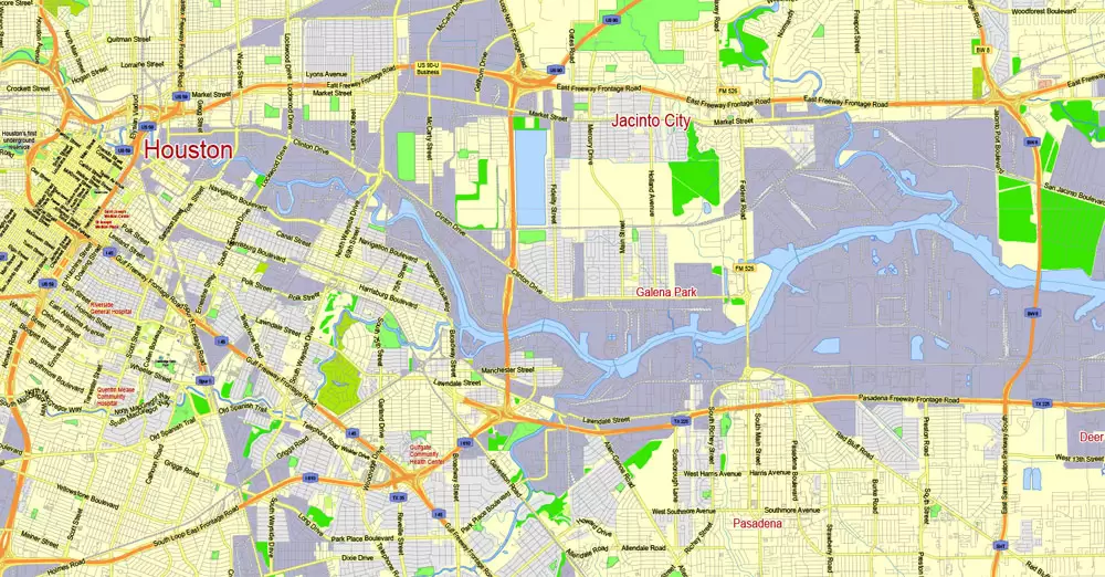 Printable Map Houston TX, exact vector street G-View Level 13 (2000 meters scale) map, fully editable, Adobe Illustrator, full vector, scalable, editable text format of street names, 19 Mb ZIP.
