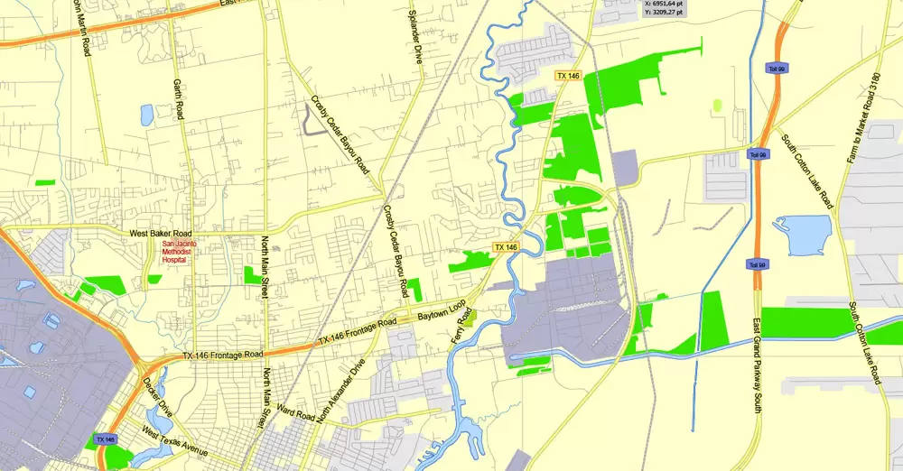 Printable Map Houston TX, exact vector street G-View Level 13 (2000 meters scale) map, fully editable, Adobe Illustrator, full vector, scalable, editable text format of street names, 19 Mb ZIP.