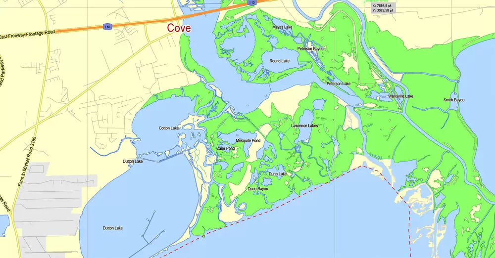 Printable Map Houston TX, exact vector street G-View Level 13 (2000 meters scale) map, fully editable, Adobe Illustrator, full vector, scalable, editable text format of street names, 19 Mb ZIP.