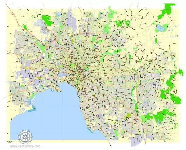 Printable Map Melbourne, Australia, exact vector street map, V27.11, fully editable, Adobe Illustrator, G-View Level 13 (2000 meters scale), full vector, scalable, editable, text format of street names, 7 Mb ZIP.
