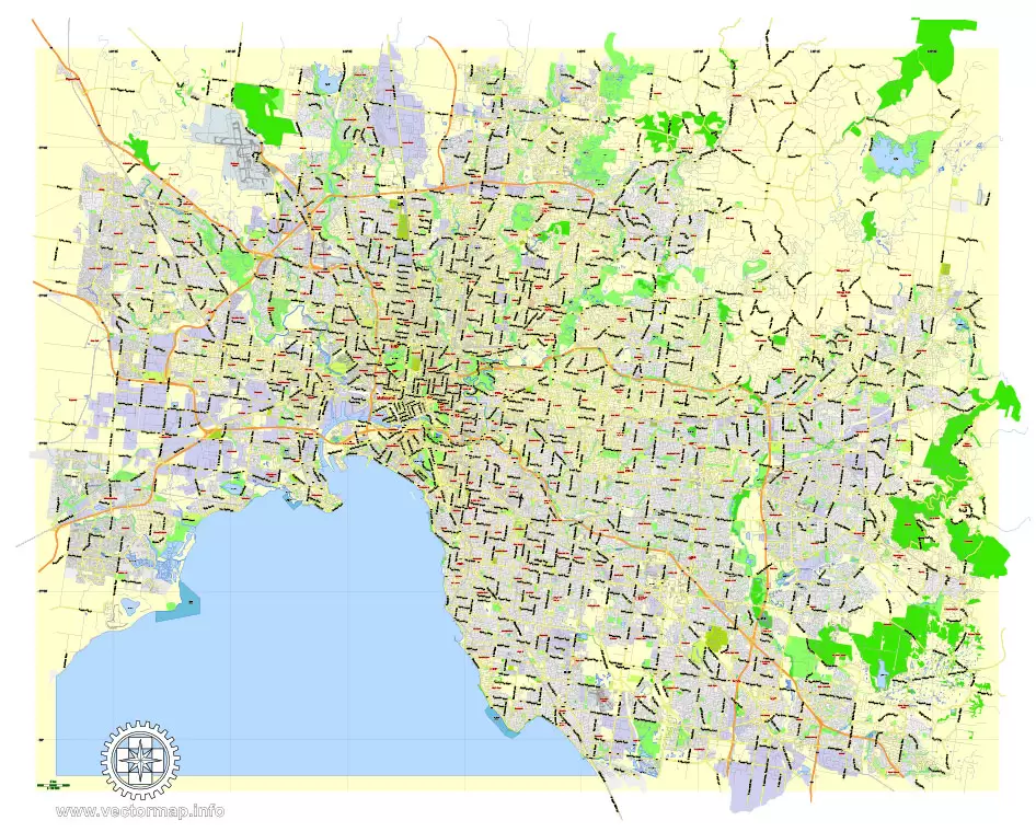 Printable Map Melbourne, Australia, exact vector street map, V27.11, fully editable, Adobe Illustrator, G-View Level 13 (2000 meters scale), full vector, scalable, editable, text format of street names, 7 Mb ZIP.