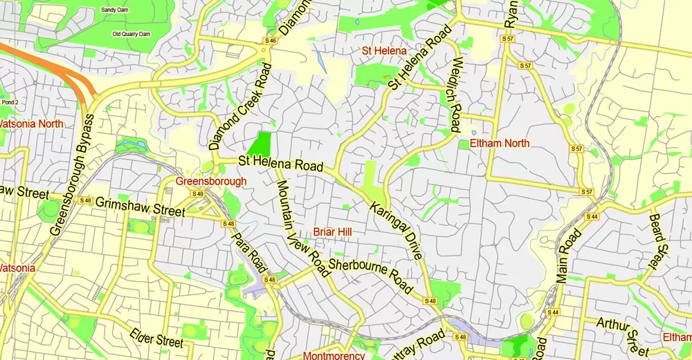 Printable Map Melbourne, Australia, exact vector street map, V27.11, fully editable, Adobe Illustrator, G-View Level 13 (2000 meters scale), full vector, scalable, editable, text format of street names, 7 Mb ZIP.
